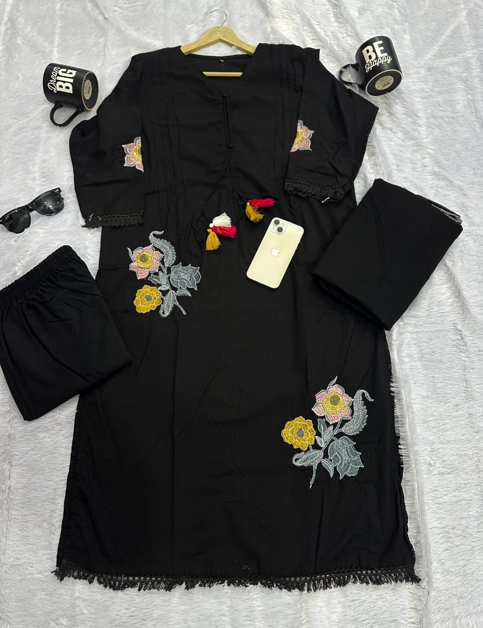 Black Embroidered Cotton Kurti Palazzo Dupatta Set